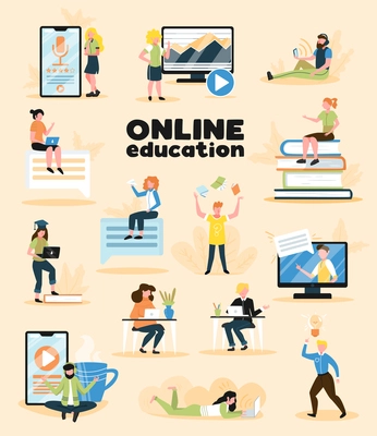 Online education set of people studying distantly using desktop pc phone laptop isolated vector illustration