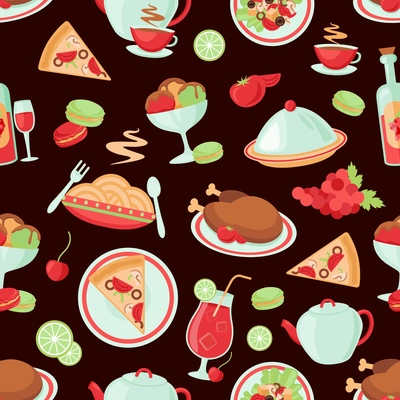 Restaurant food drink menu chicken ice cream dishes seamless pattern vector illustration.