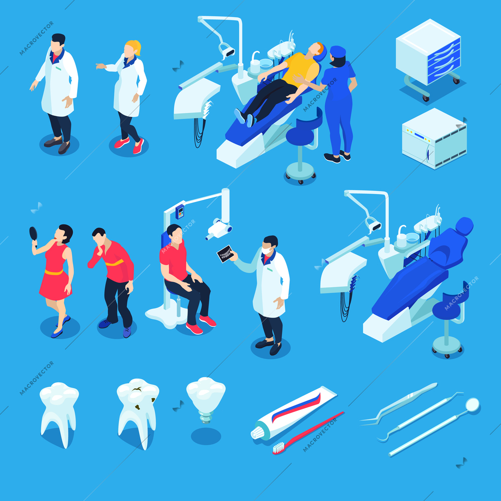 Isometric dentist set with tooth care and equipment symbols isolated vector illustration