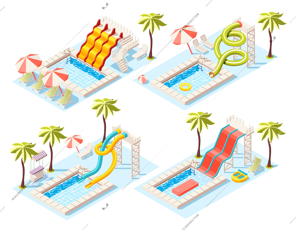 Aquapark isometric concept set with entertainment sunbathing and swimming symbols vector illustration