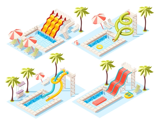 Aquapark isometric concept set with entertainment sunbathing and swimming symbols vector illustration