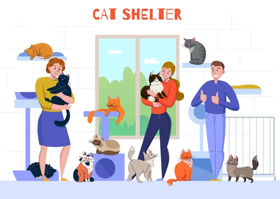 Animal shelter cats composition with indoor view of people characters holding cats in arms with text vector illustration