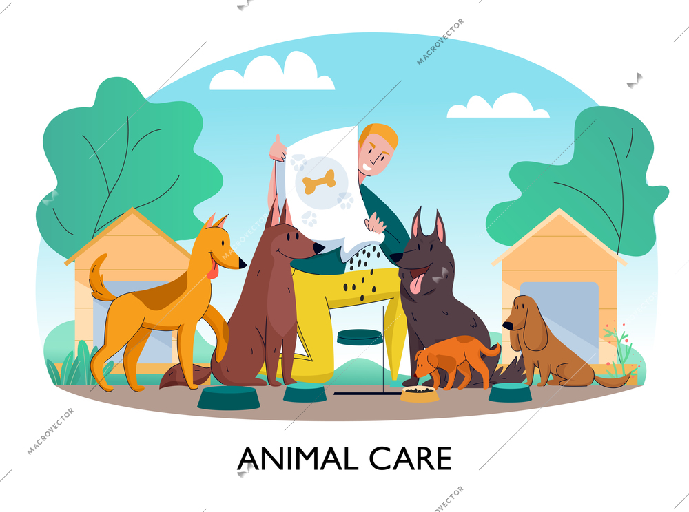 Animal shelter feeding dogs composition with text and outdoor landscape with man feeding homeless stray dogs vector illustration