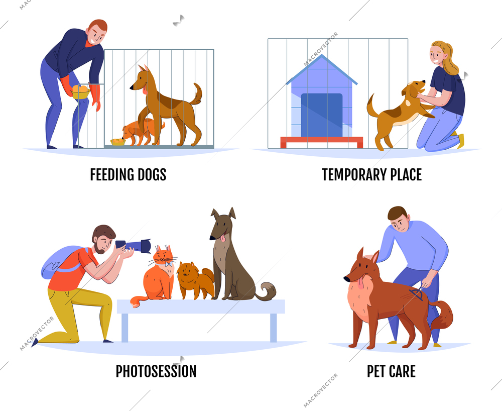 Animal shelter compositions set with doodle images of animals and human characters with editable text captions vector illustration