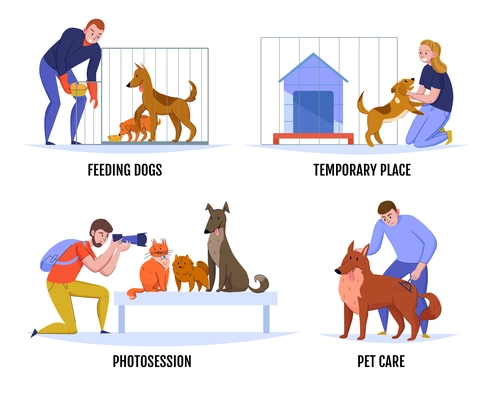 Animal shelter compositions set with doodle images of animals and human characters with editable text captions vector illustration