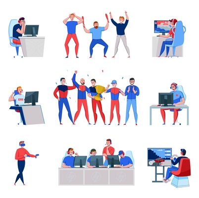 Cyber sport set of isolated doodle style human characters with computers tables and teams in uniform vector illustration