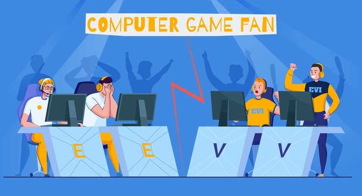 Cyber sport composition with computer game competition tournament with two different teams playing versus each other vector illustration