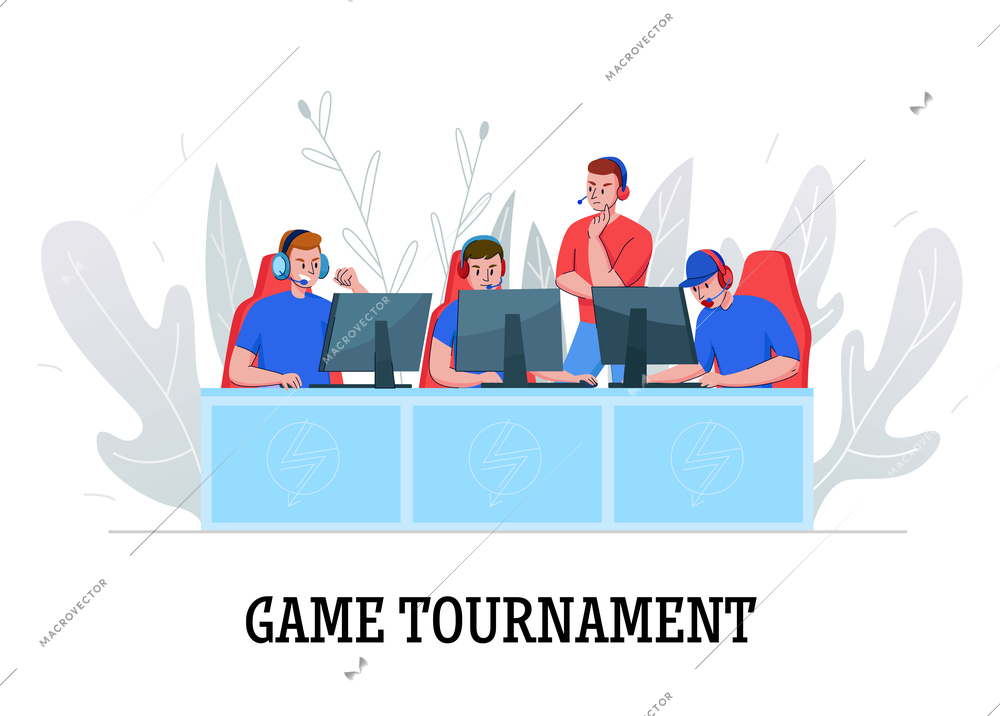 Cyber sport composition with text and human characters of cyber sport game tournament participants with referee vector illustration