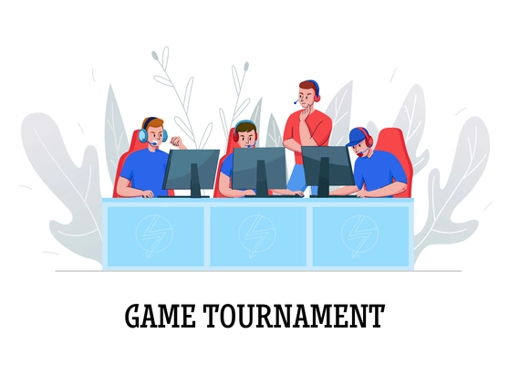 Cyber sport composition with text and human characters of cyber sport game tournament participants with referee vector illustration