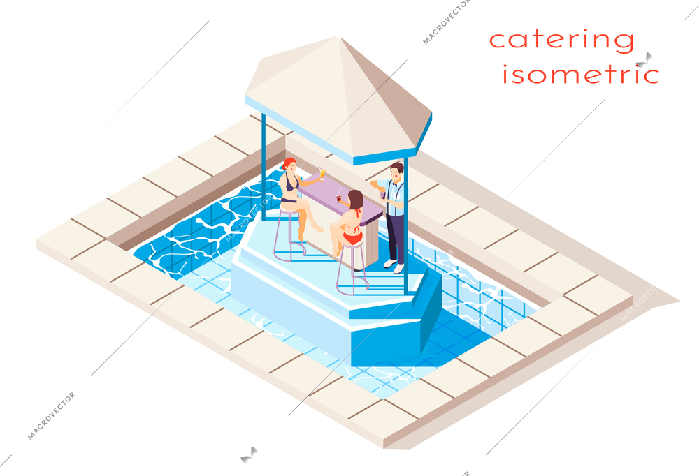 Catering in swimming pool concept isometric vector illustration