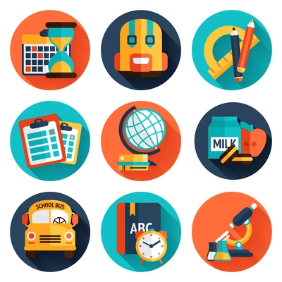 Education knowledge science college and school supplies flat icons set isolated vector illustration