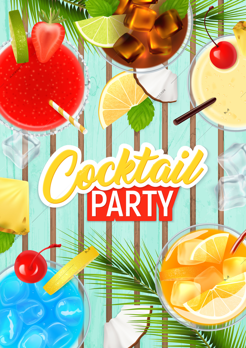Cocktail party realistic poster with tropical fruit and alcohol vector illustration
