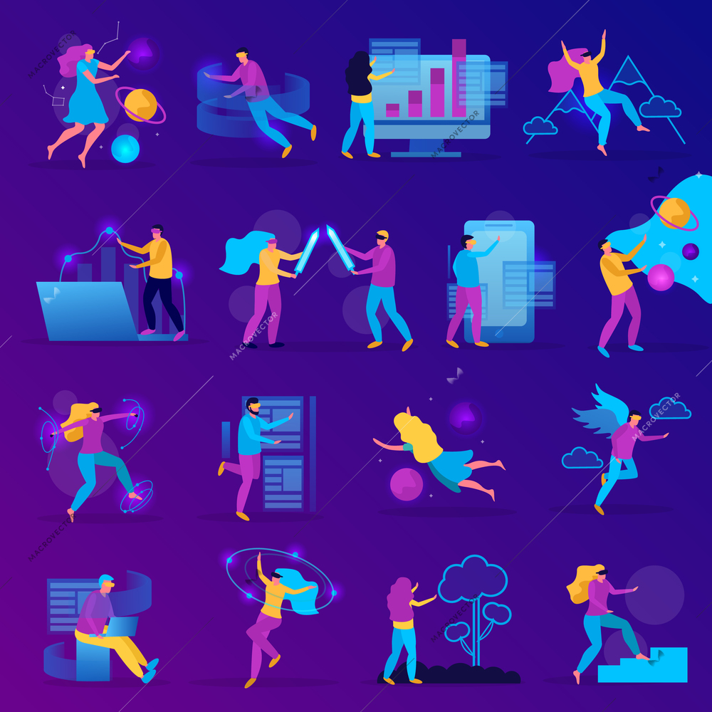 Virtual reality flat icon set with girls and boys gaming in vr glasses vector illustration