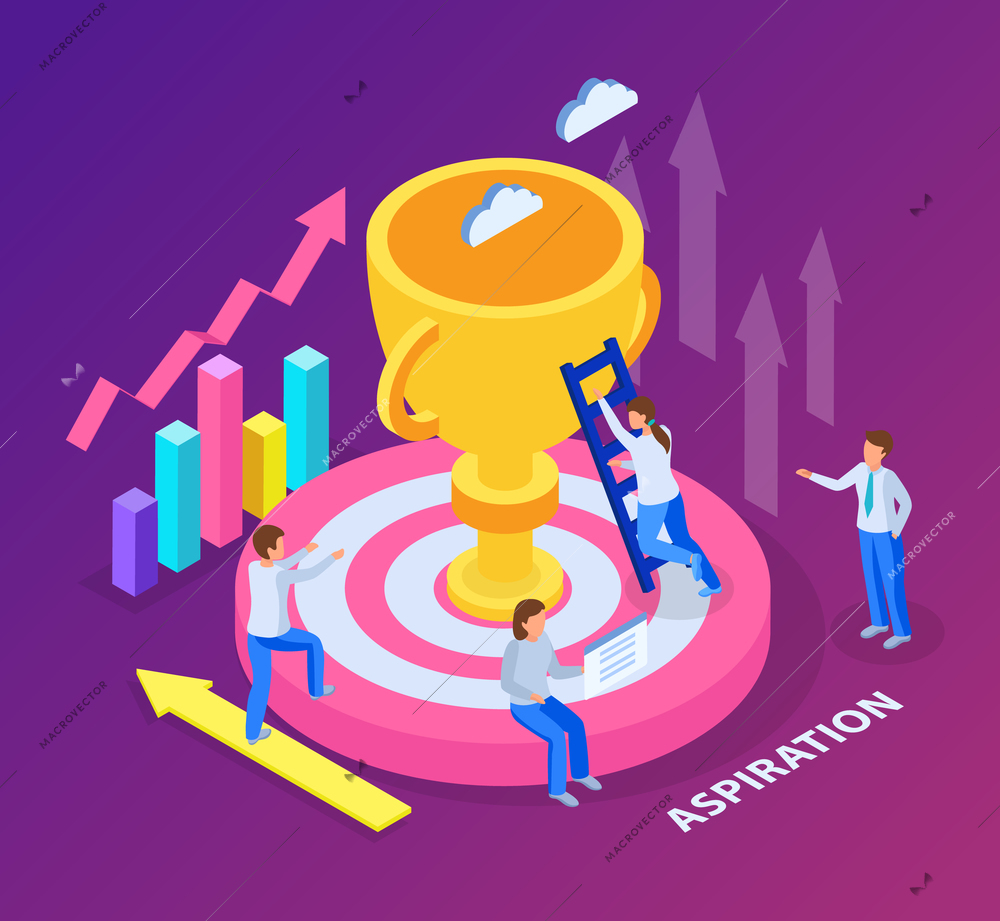 Run to goal isometric composition with four people fight for a trophy vector illustration