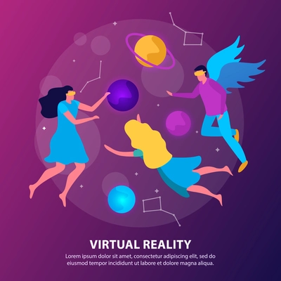 Virtual reality flat colored background team of three people playing vr game vector illustration