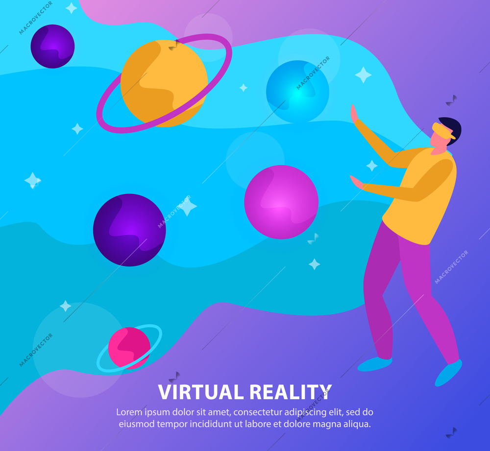 Flat virtual reality background with a man sees the solar system through the glasses vector illustration