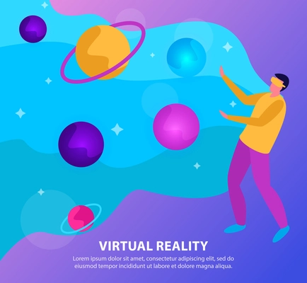 Flat virtual reality background with a man sees the solar system through the glasses vector illustration