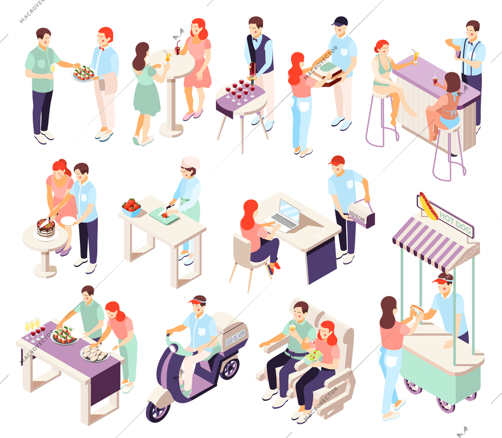 People on banquets and catering service isometric icons set isolated on white background 3d vector illustration