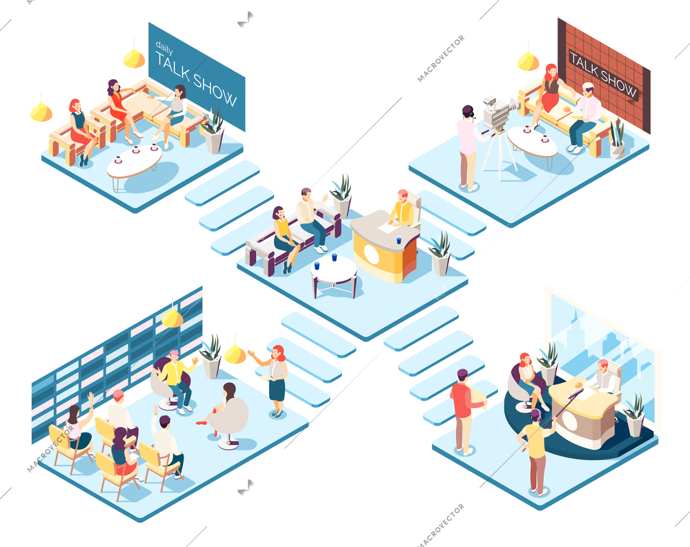 Talk show studios isometric composition with hosts and guests on white background 3d vector illustration