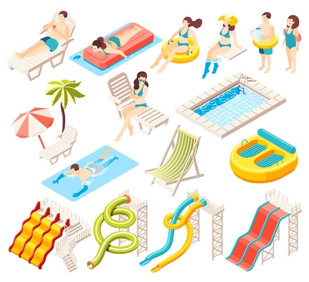 Isometric icons set with aqua park attractions and people swimming and relaxing isolated on white background 3d vector illustration