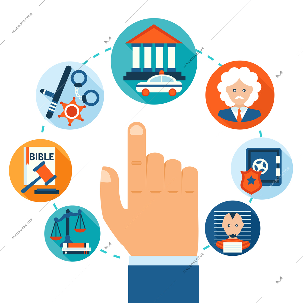 Law and justice business concept with hand selecting jail criminal courthouse certificate icons vector illustration