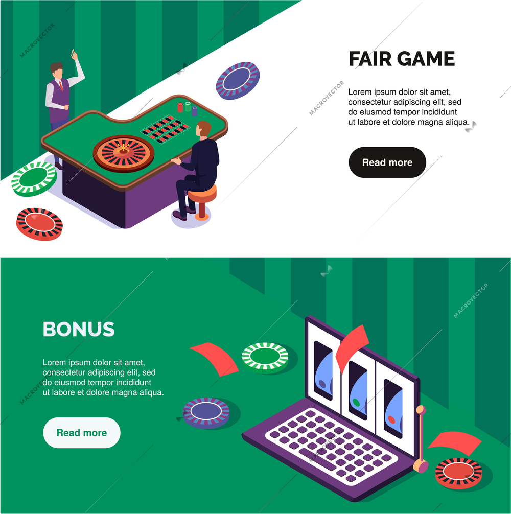 Isometric set of two horizontal banners with casino table croupier chips and laptop 3d isolated vector illustration