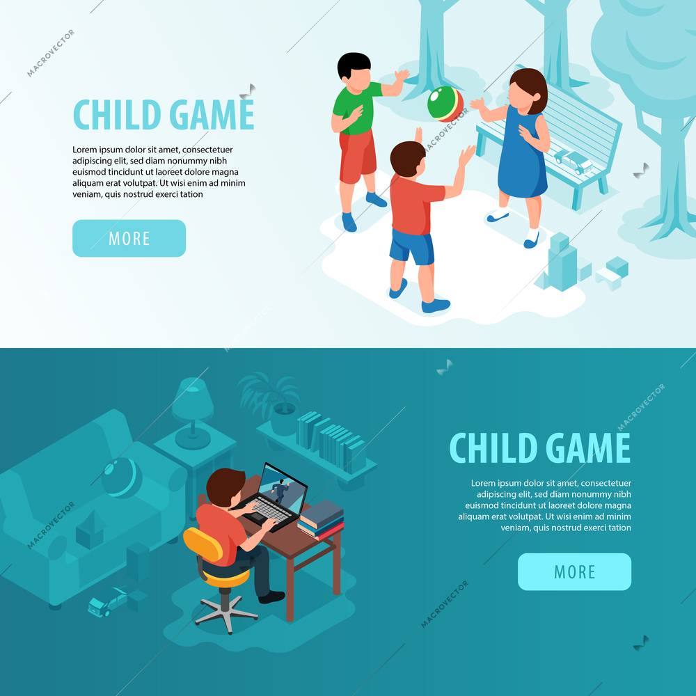 Isometric baby kids children horizontal banners set with outdoor childs play and computer game with text vector illustration