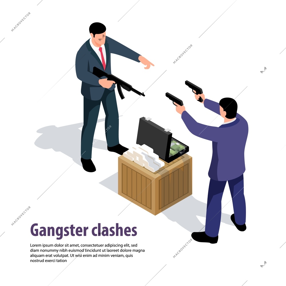 Isometric criminal composition with images of drugs money characters of weaponed criminals and editable text description vector illustration