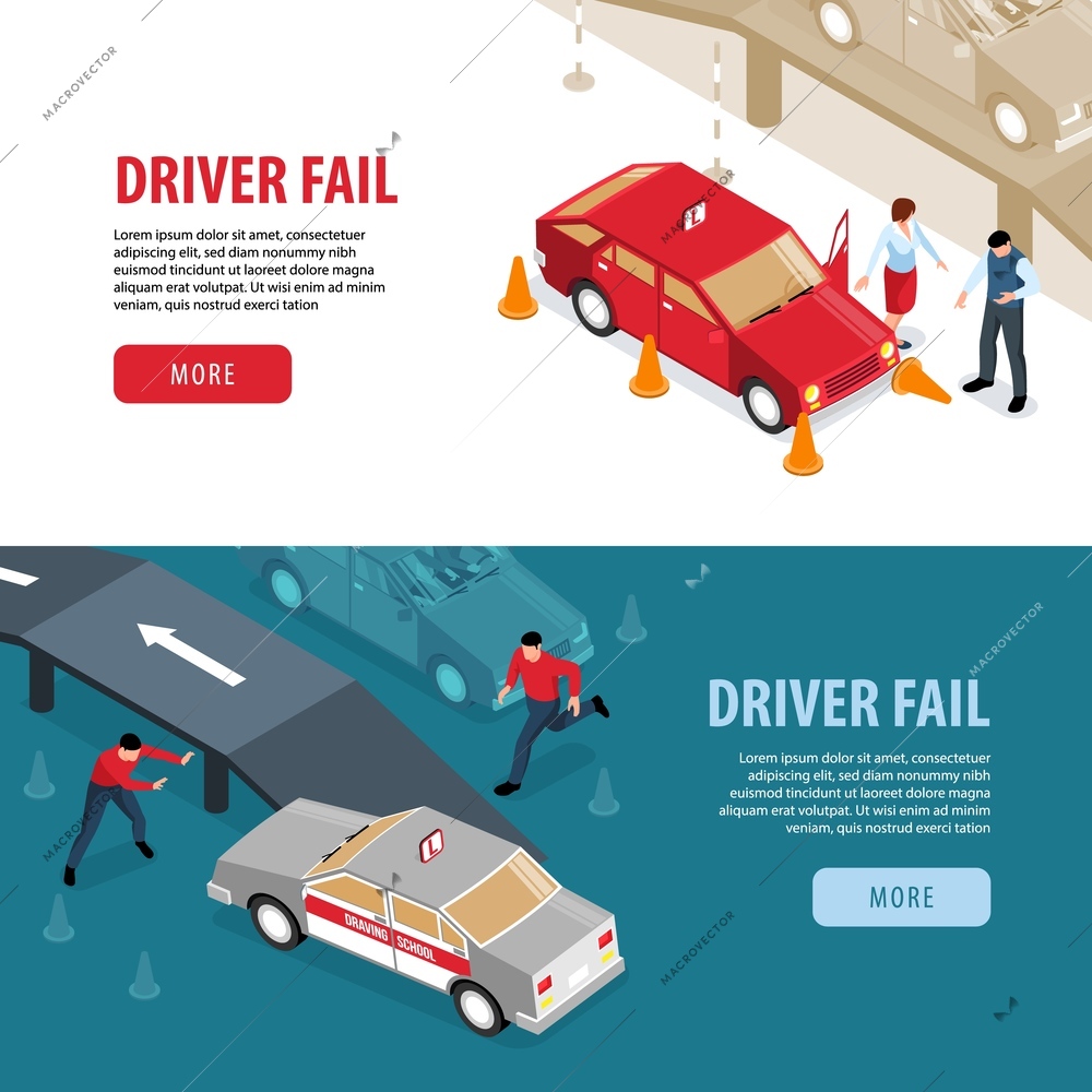 Isometric driving school horizontal banners collection with images of driving instruction fails people buttons and text vector illustration