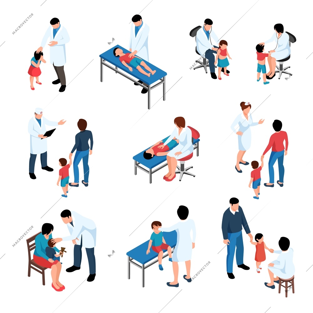 Isometric doctor pediatrician medicine set of isolated human characters with kids and medical specialists with parents vector illustration