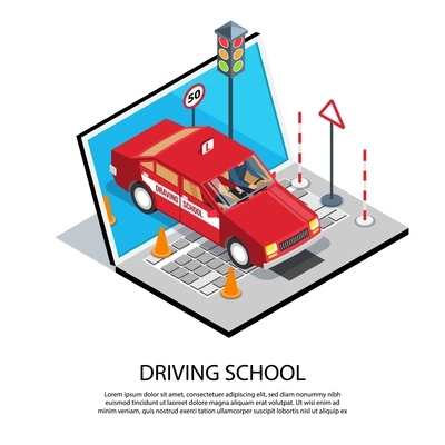 Isometric driving school online training composition with editable text description and images of computer and car vector illustration