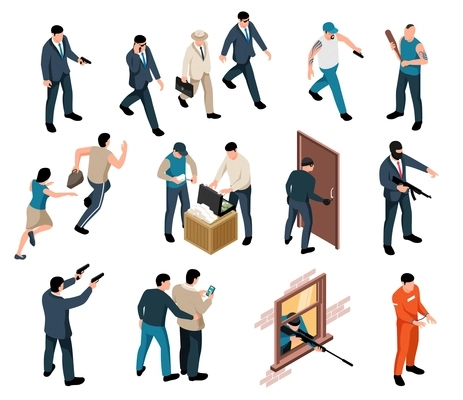 Collection of isolated isometric human characters of criminals and their victims with weapons on blank background vector illustration