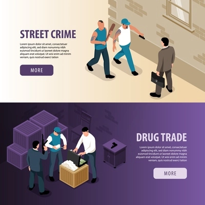 Set of two horizontal isometric criminal banners with buttons text and characters of cosh boys pushers vector illustration