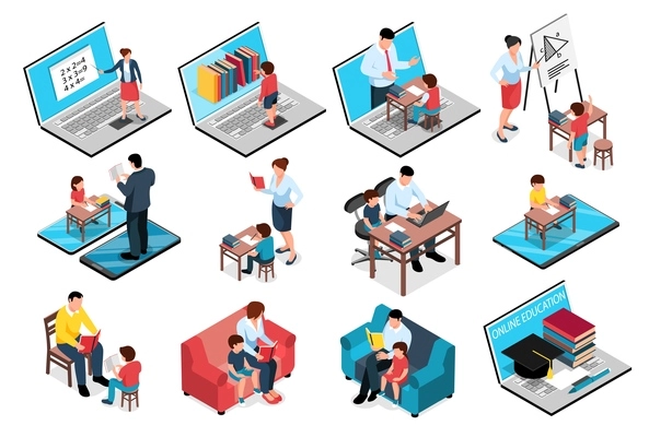 Isometric family homeschooling education learn online study set of isolated images with books computers and people vector illustration