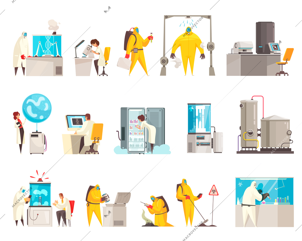 Microbiology laboratory set with isolated human characters of scientists in suits with lab equipment and facilities vector illustration