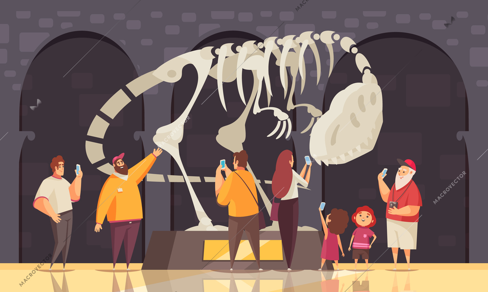 Guide excursion dinosaur skeleton composition with panopticon exhibition room indoor scenery and human characters of visitors vector illustration