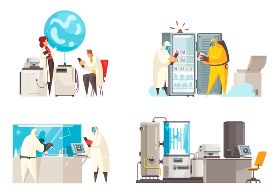 Microbiology design concept with four compositions of human characters in biohazard suits near laboratory equipment units vector illustration