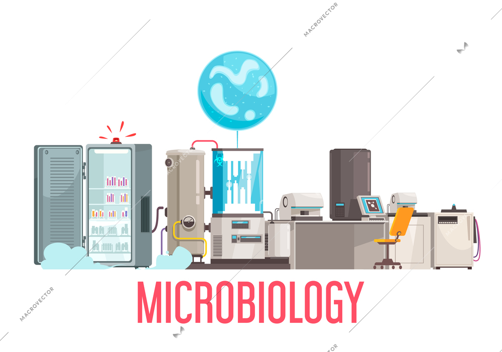 Microbiology background composition with text and life sciences laboratory equipment and electronic facilities on blank background vector illustration