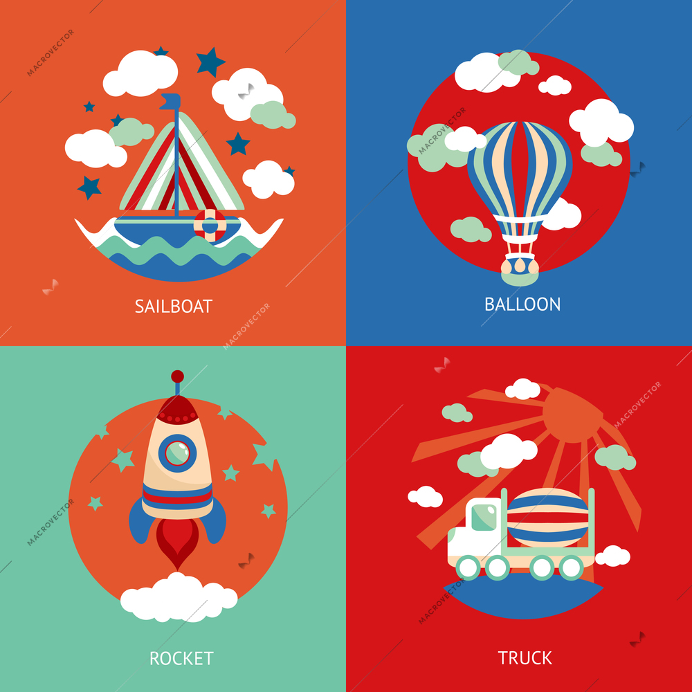 Business concept flat icons set of toys transport cartoon sailboat balloon and rocket truck infographic design elements vector illustration