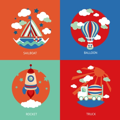 Business concept flat icons set of toys transport cartoon sailboat balloon and rocket truck infographic design elements vector illustration