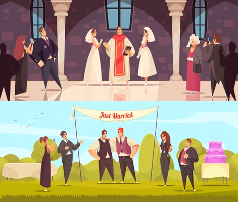 Sex homosexual lgbt wedding two horizontal compositions with male and female same sex intending spouses characters vector illustration