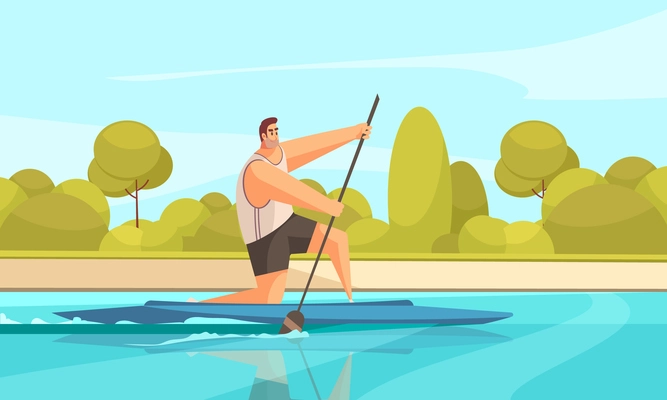 Summer sport canoeing composition with outdoor river landscape with green banks and human character of canoeist vector illustration