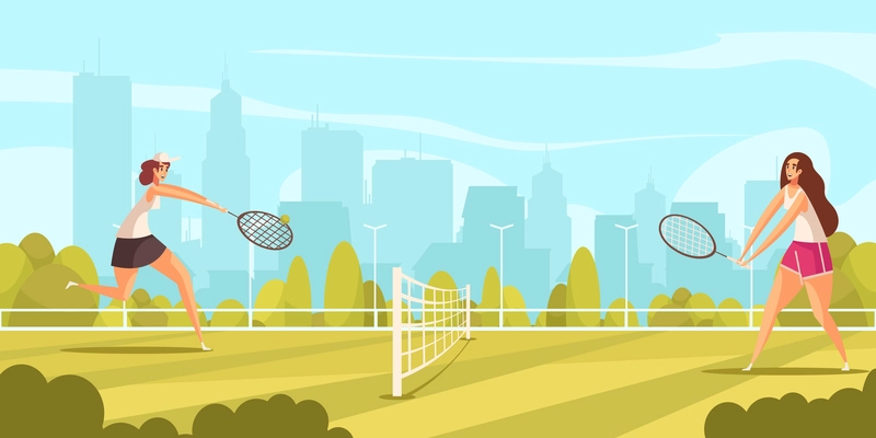 Summer sport tennis composition with human characters of women engaged in game with urban cityscape background vector illustration
