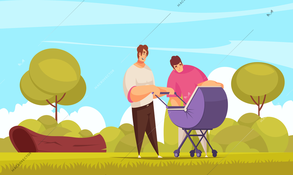 Sex homosexual baby family composition with outdoor landscape and homosexual couple walking out with go cart vector illustration