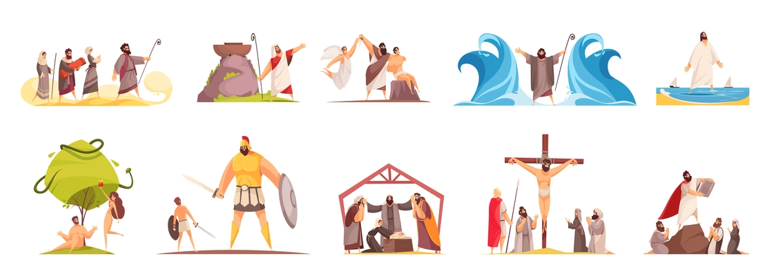 Bible narratives set of isolated doodle compositions with legendary characters and iconographic scenes on blank background vector illustration