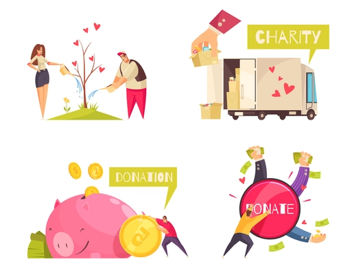 Charity design concept with images of money coins with donated items and human characters with text vector illustration