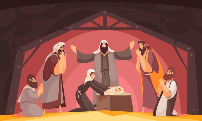 Bible narratives christmas composition with characters of wise men of east praying people and holy mother vector illustration