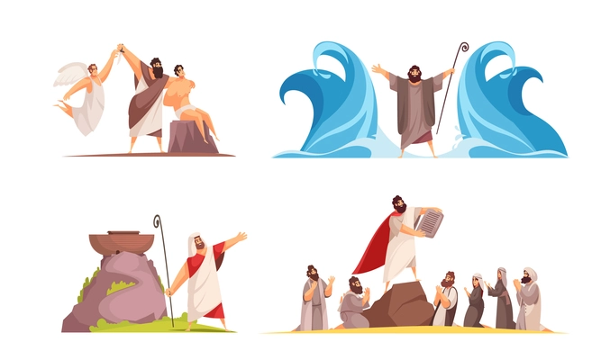 Bible narratives design concept with four isolated doodle style compositions and iconographic scenes with legendary characters vector illustration