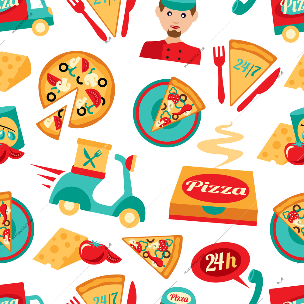 Fast food pizza delivery 24h ingredients seamless pattern vector illustration