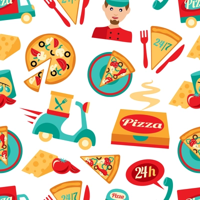 Fast food pizza delivery 24h ingredients seamless pattern vector illustration